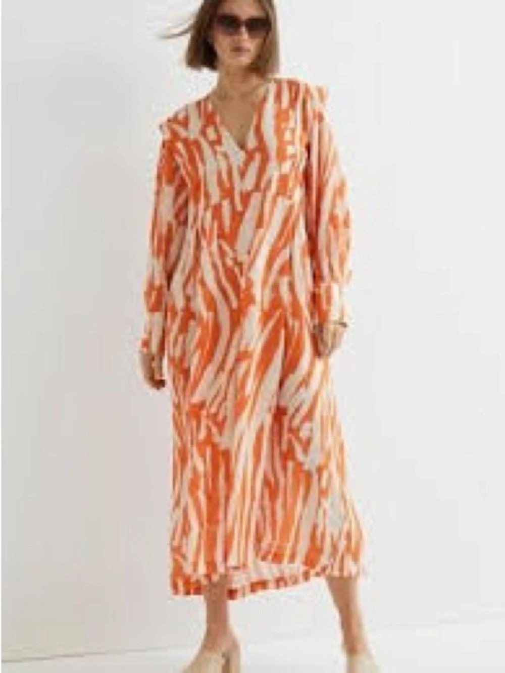 H&M Orange Cream Abstract Print Flowy Maxi Dress Size L